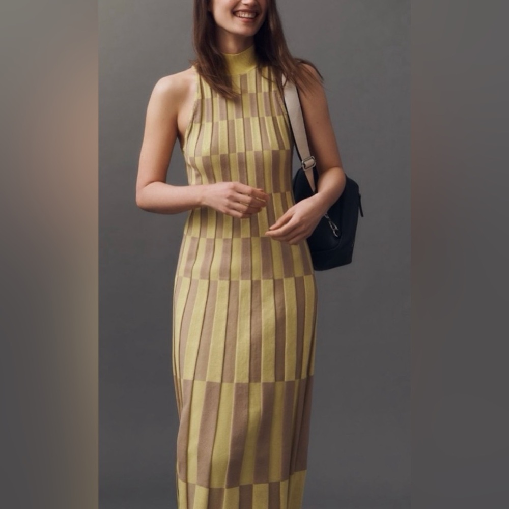 Anthropologie Yellow and Brown Checkered Knit Dress
